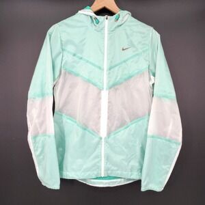 Nike Womens Running Jacket Size M‎ Mint Green White Sheer Hood Lightweight